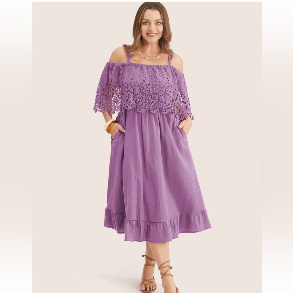 BloomChic Plus Size Solid Cold Shoulder Contrast Lace Pocket Ruffle Hem Dress